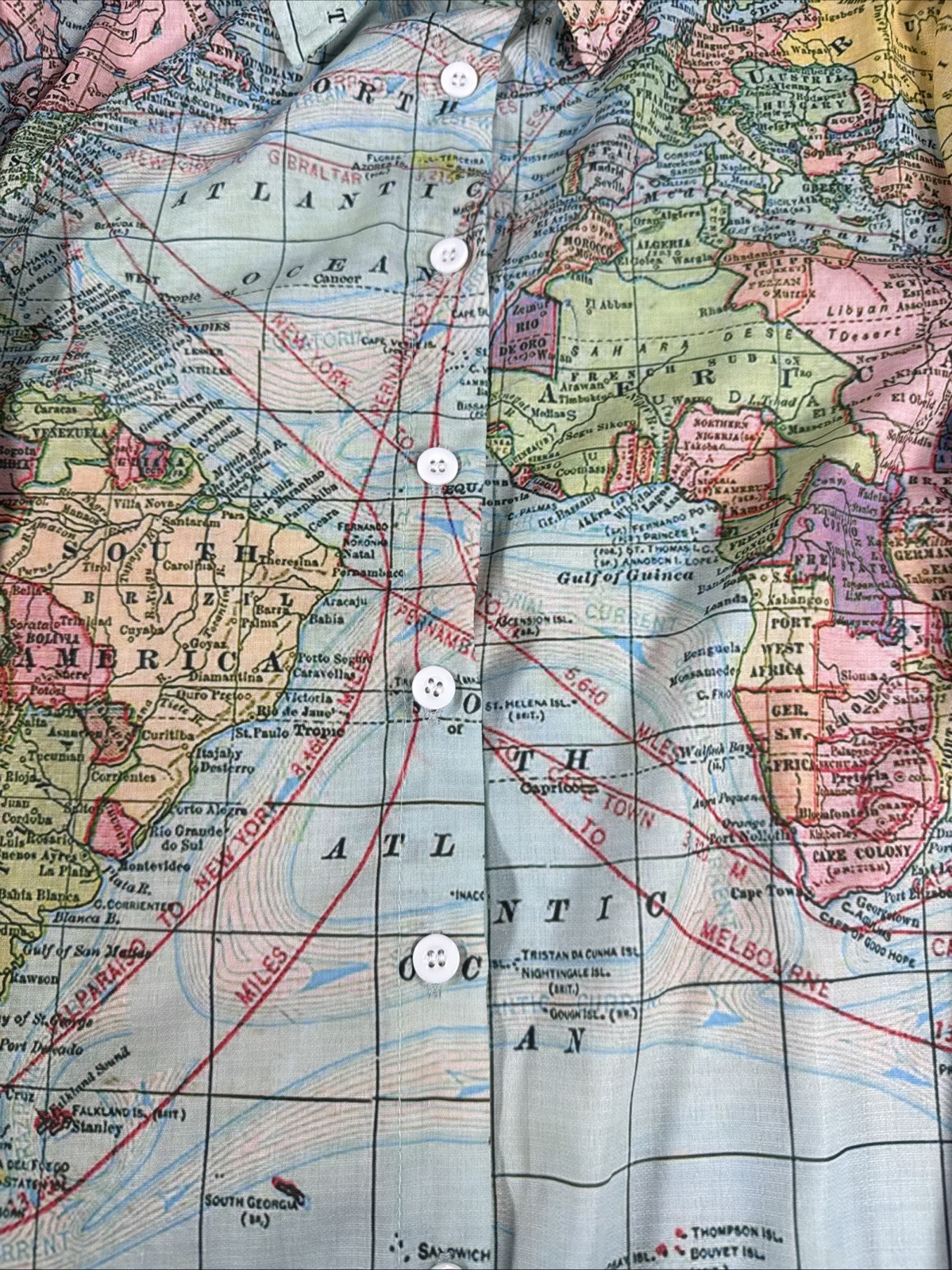 Miss Look Linen Button Down World Map Long Sleeve Blouse Women’s Size Medium