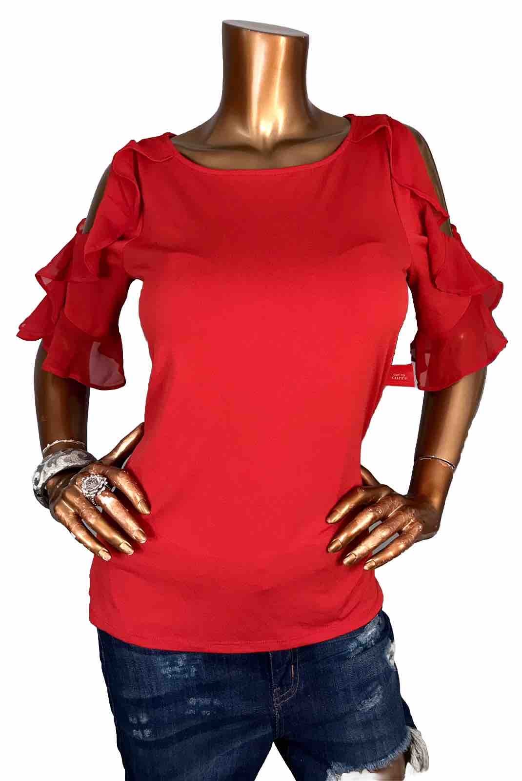 Bold Elements M Top NWT $44 Stretch Cold Open Sleeves 1/2 Elbow Blouse Red Sexy