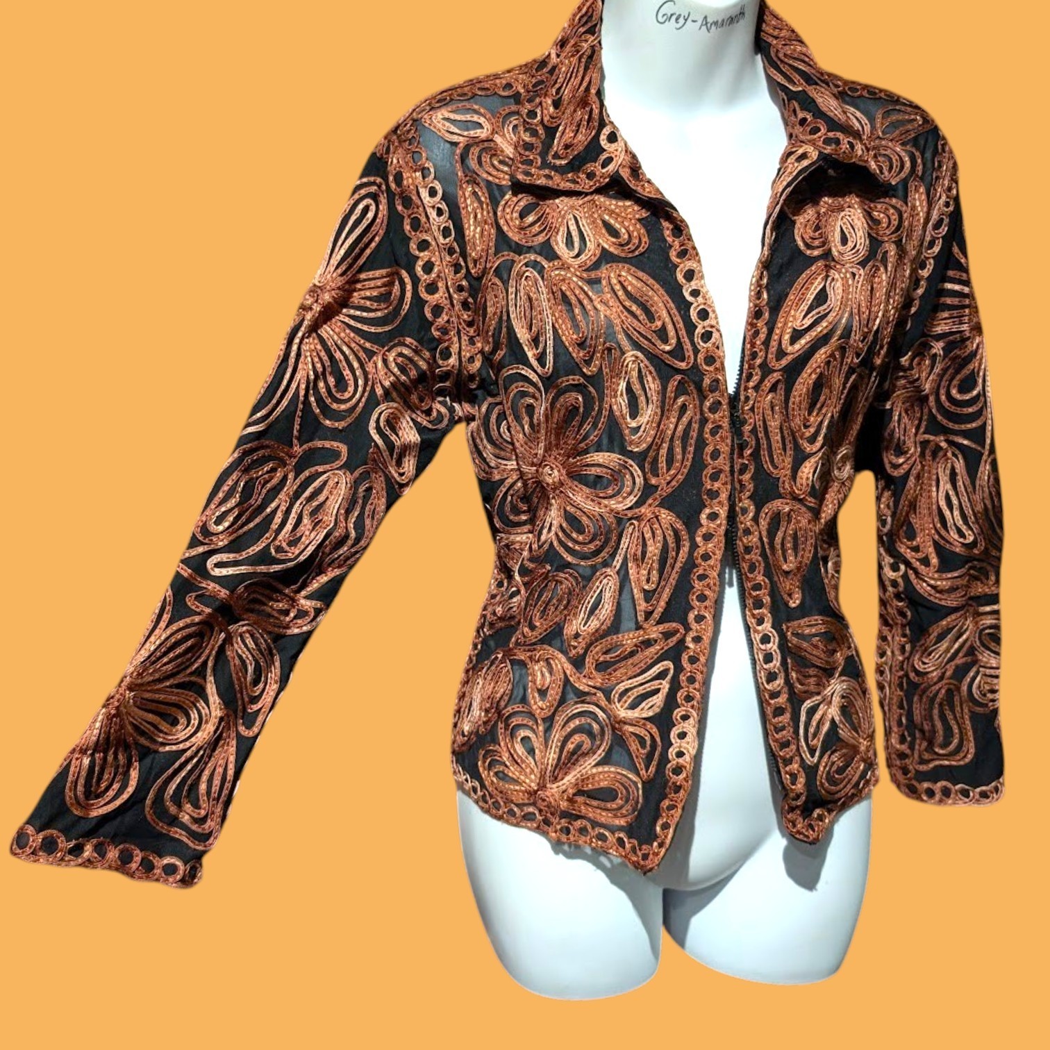 VTG Y2K SHEER MESH JACKET TOP black tie-dye brown soutache tapework 70s style 2A