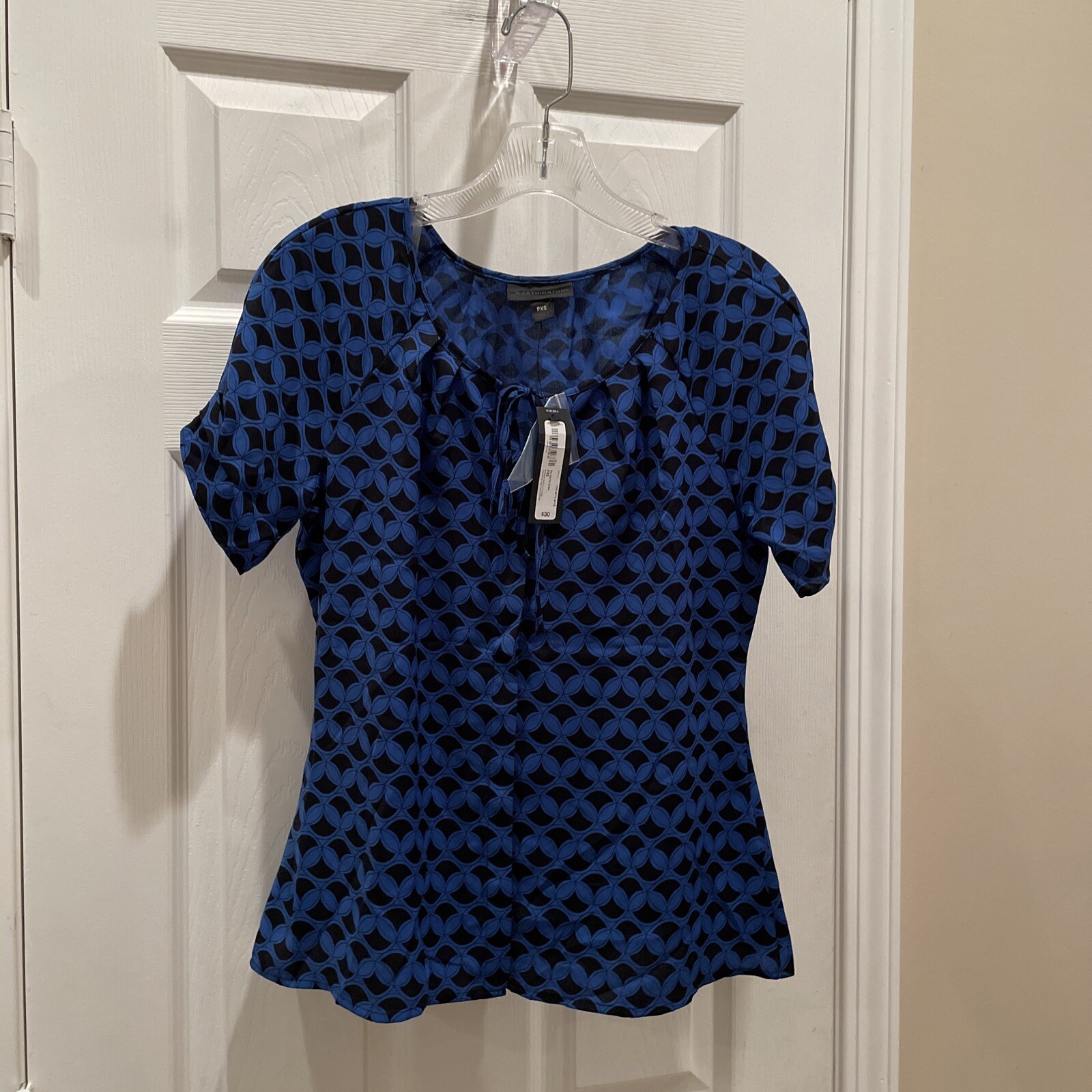 Worthington Womens Pretty Blue ￼black Short Sleeve Pleated Neck Top Sz PXS NWT