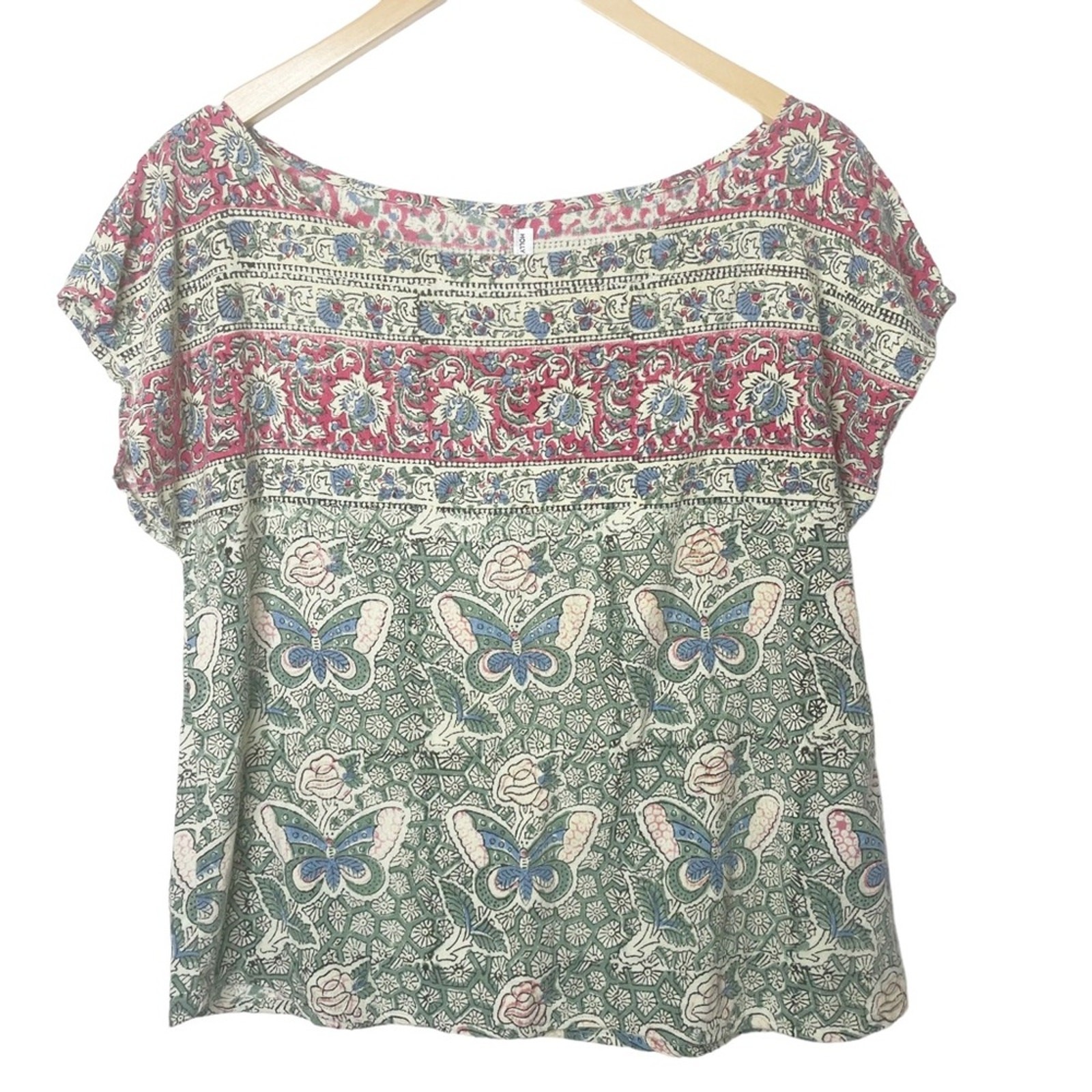 Holly Stalder Boho Blouse Box Cut Floral Cottagecore Print Scroop Neck Large