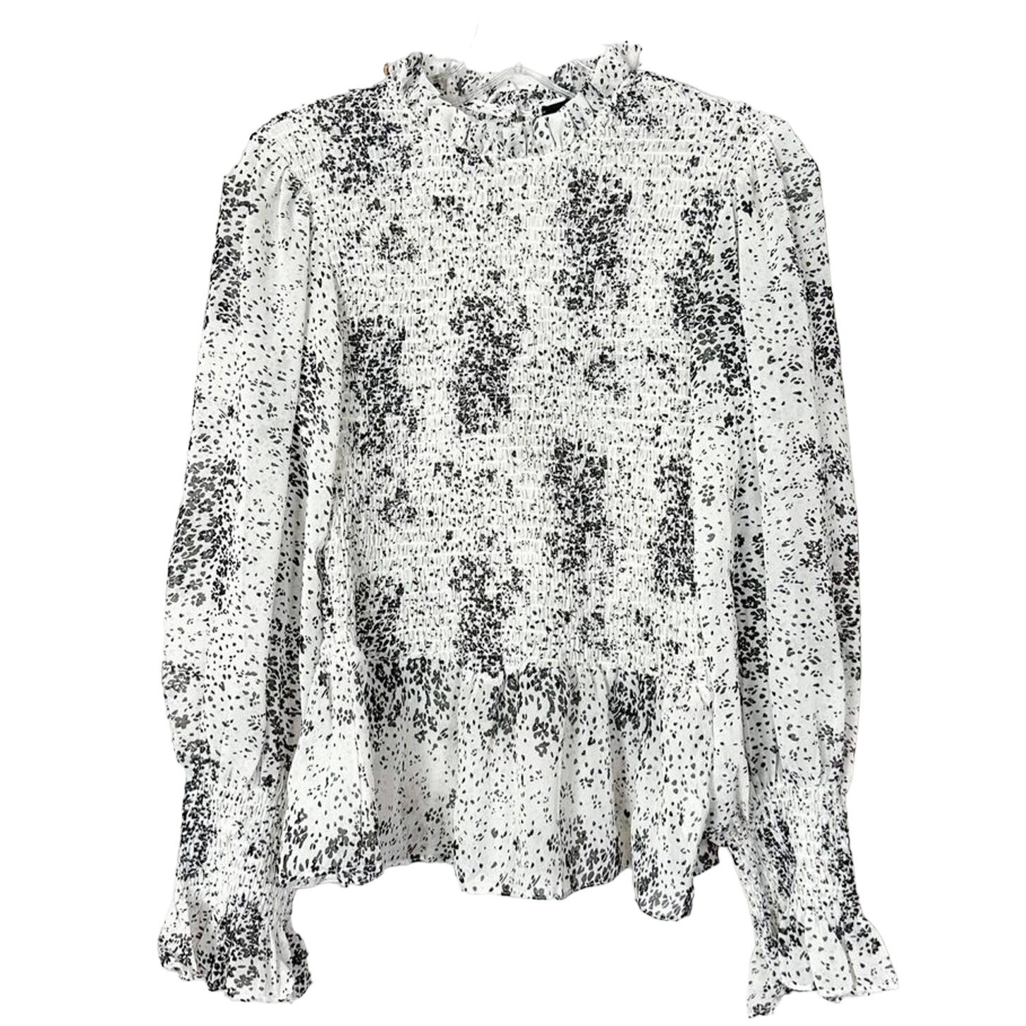 Fab’rik Women’s Speckle Print Long Sleeve Smocked Blouse White Black Size Medium