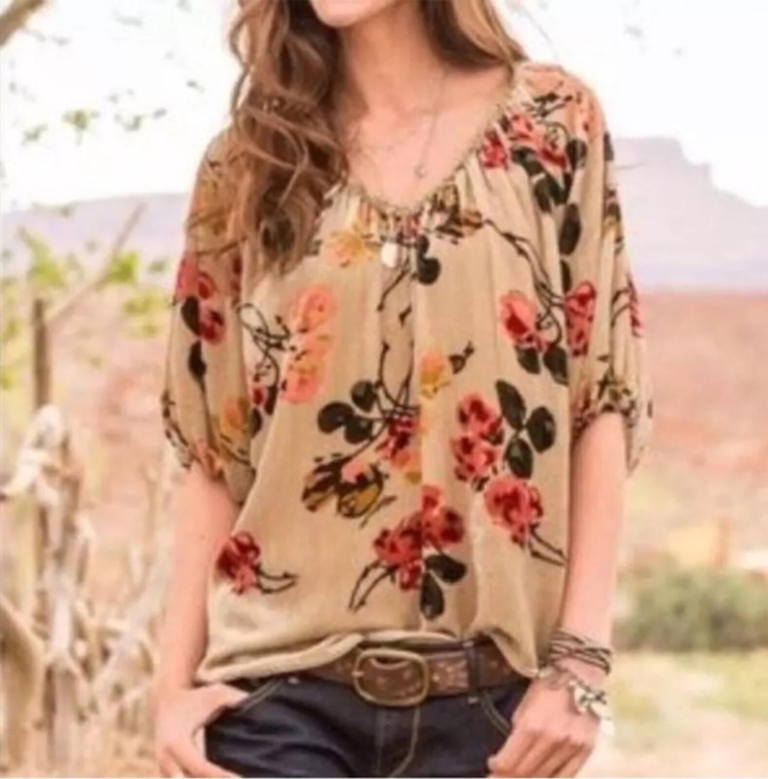 womens LUXE Velvet Silk Blend Blouse Top Sz M Tan Floral Fairy Boho
