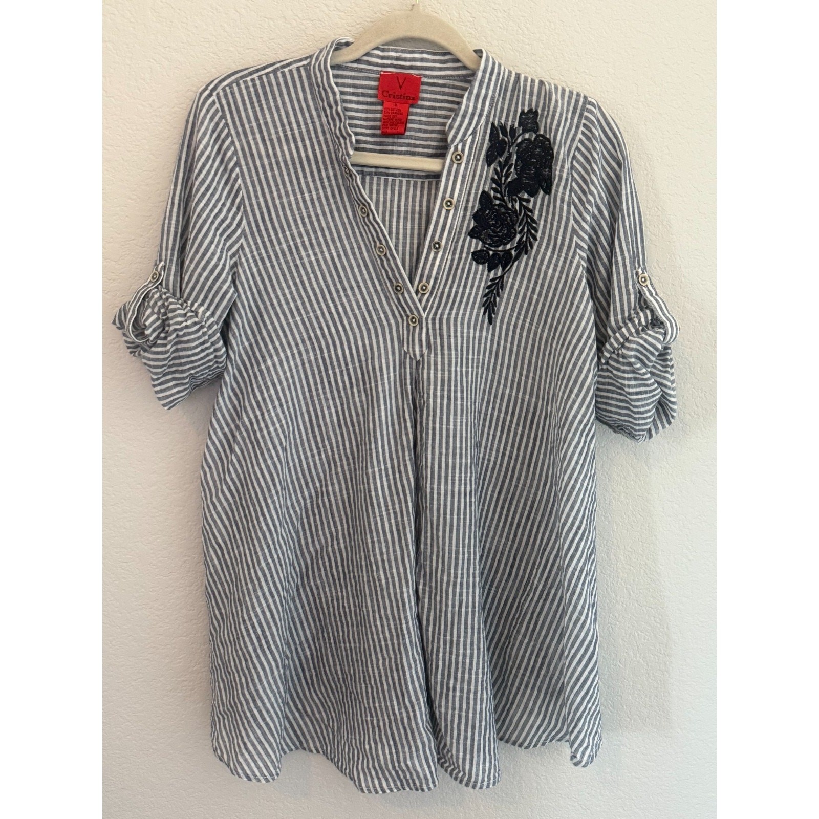 V Cristina V neck Tunic Top 100% Cotton Embroidered Roll Tab Sleeves Medium