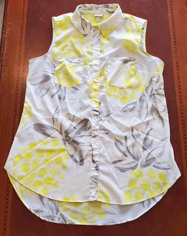 Women’s Merona White Yellow Gray Sheer Floral Sleeveless Button Down Blouse LG