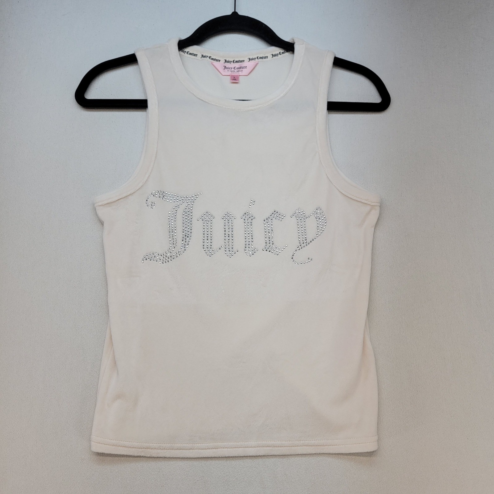 Juicy Couture Tank Top Womens Large Cream Y2K Rhinestone Velour