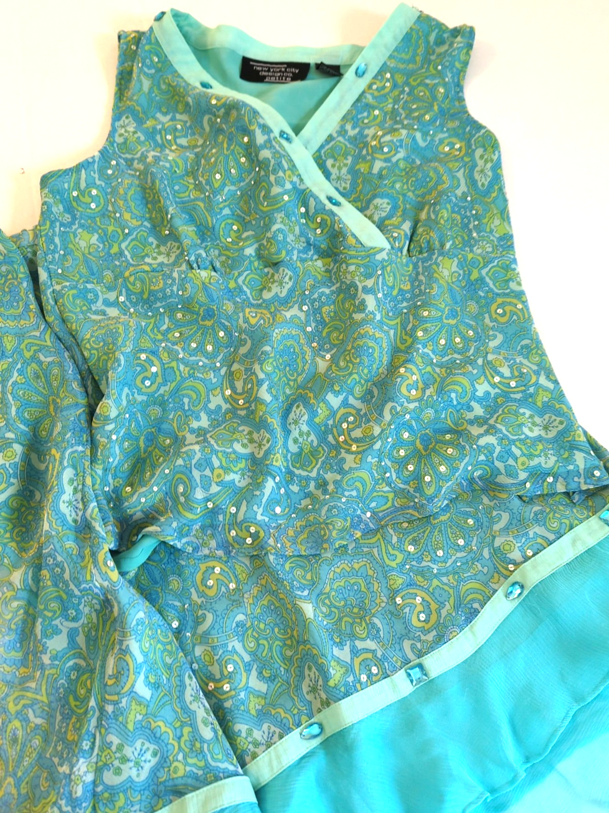 Y2K New York City Design Co 14P Silk Sequin Stones Blouse Skirt Set Baby Doll