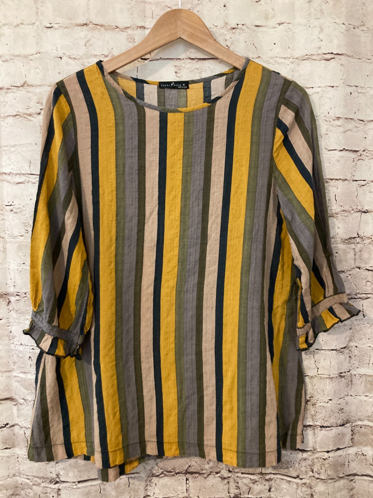 Emery Rose Top Womens Medium Mustard & Olive Vertical Striped Bell Sleeve