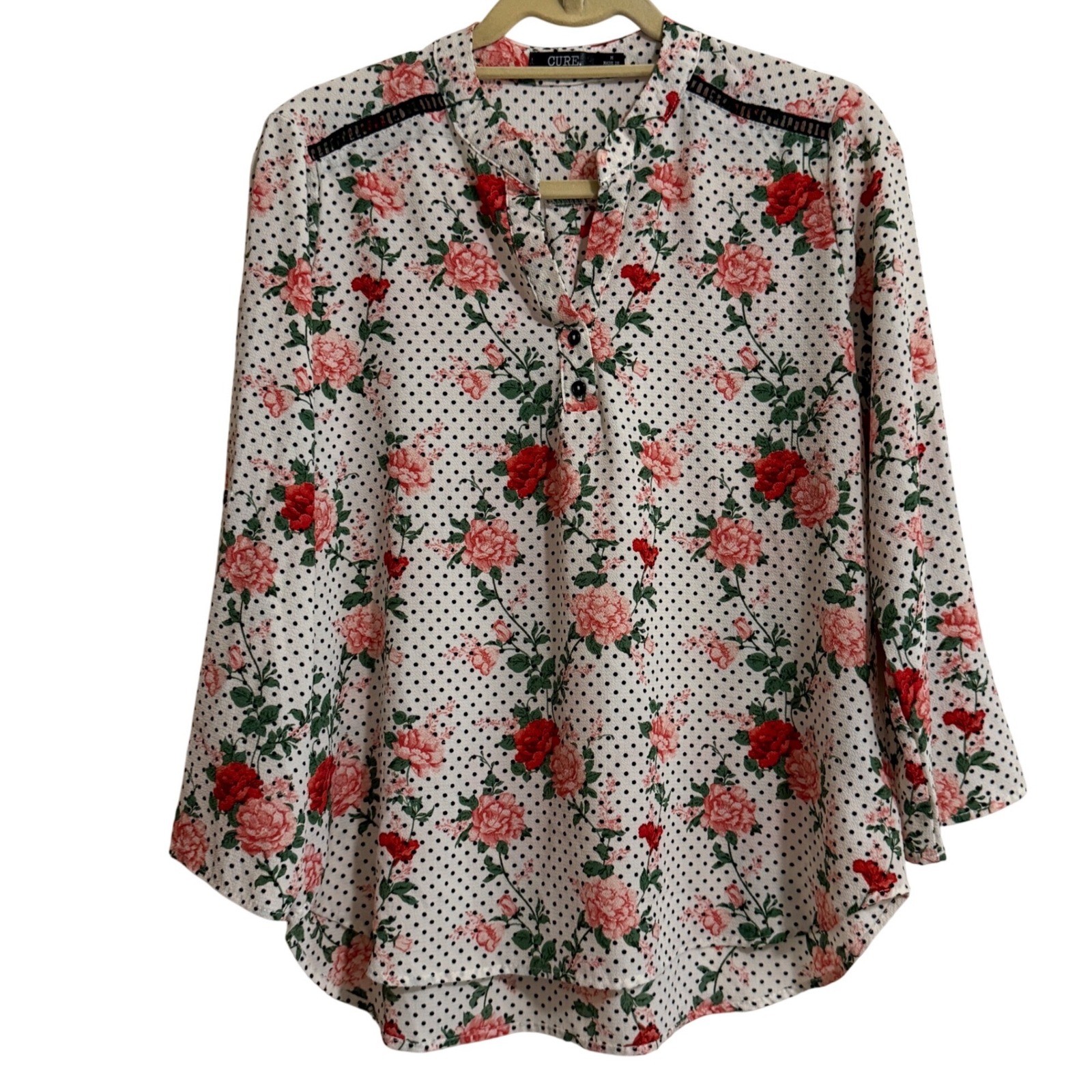 CURE Womens Floral Polka Dot Blouse Red Pink Rose Lace Trim V-Neck Top Medium