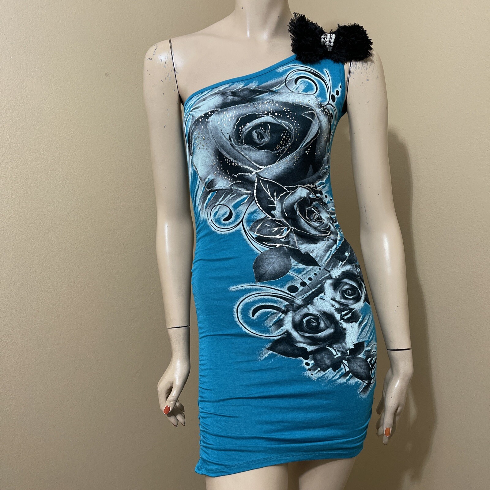 Women’s Blue Painted Rayon Casual Summer Open Stretch Slim Size S Blouse Tunic