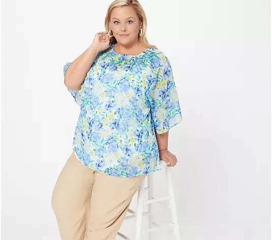 J Jason Wu Floral Chiffon Beaded Caftan Blouse w/ Knit Tank Top XXS Blue A397514