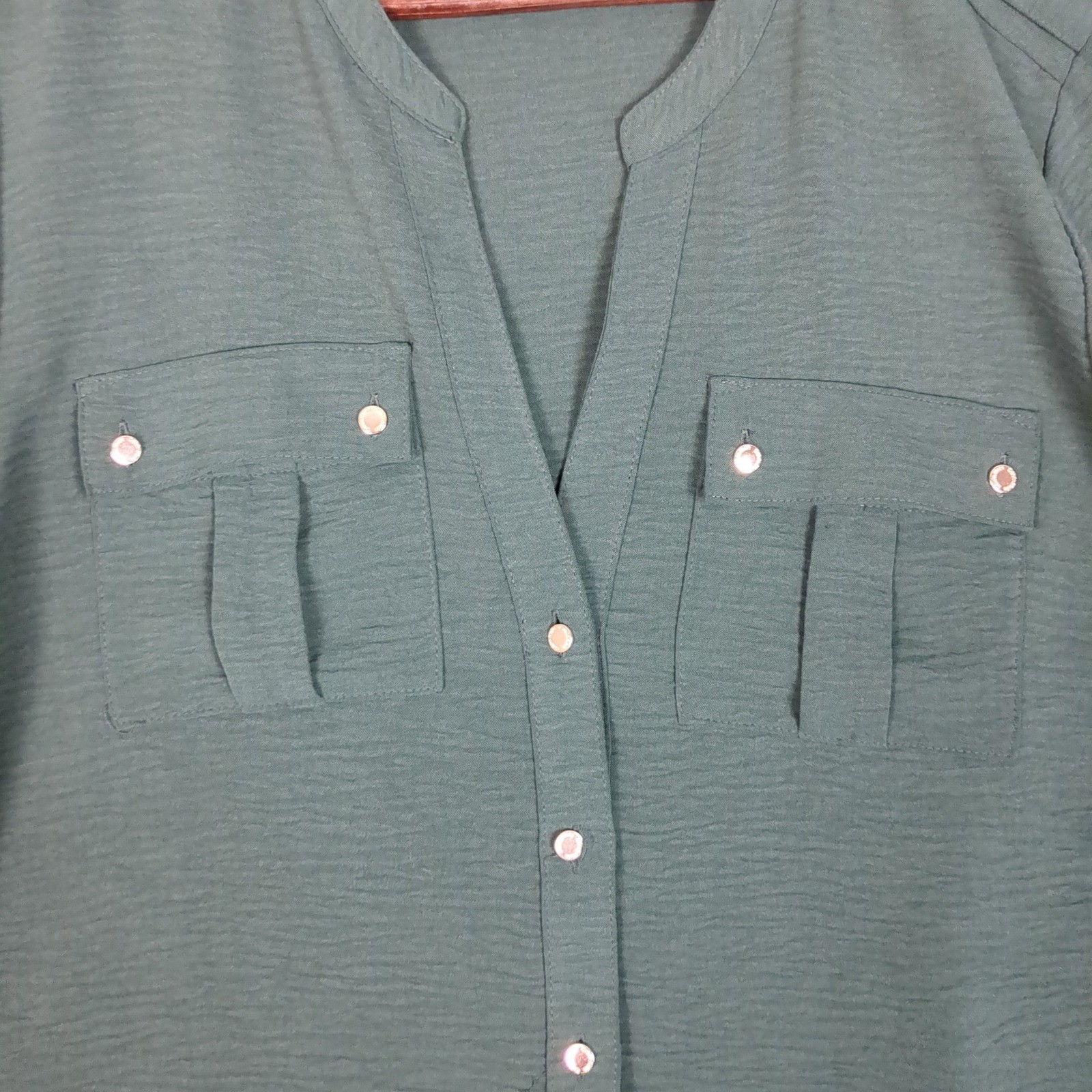 Calvin Klein Womens XL Dark Green Roll Tab Sleeve Utility Button Up Blouse Shirt