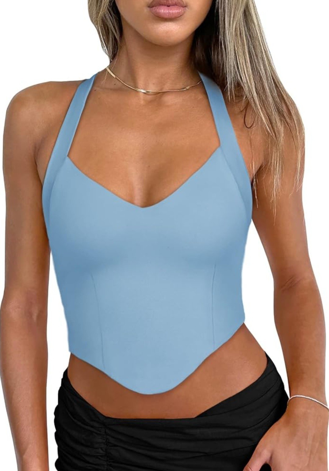 Reoria Halter Top Crop Top Camisole Rounded Hem V-Neck Tank Top 2XL Sky Blue