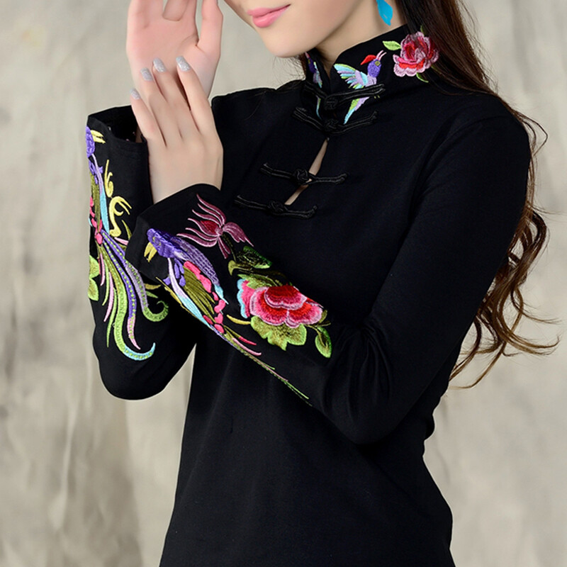 Womens Embroidery Chinese Cheongsam Long Sleeve High Neck T Shirt Pullover Retro