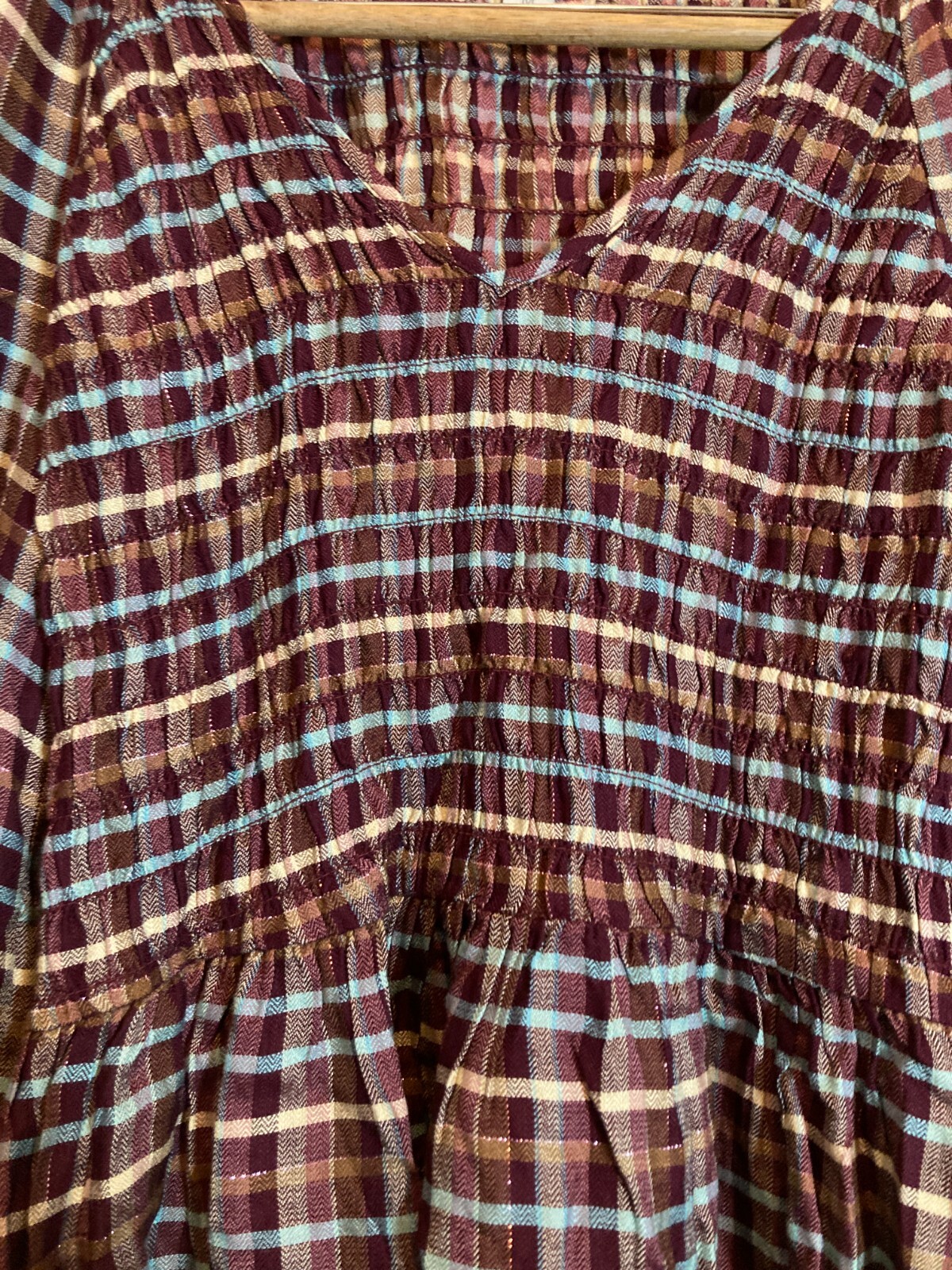 Cato Babydoll Top Womens Medium Maroon Red Plaid Smocked Flared Sleeve Flowy