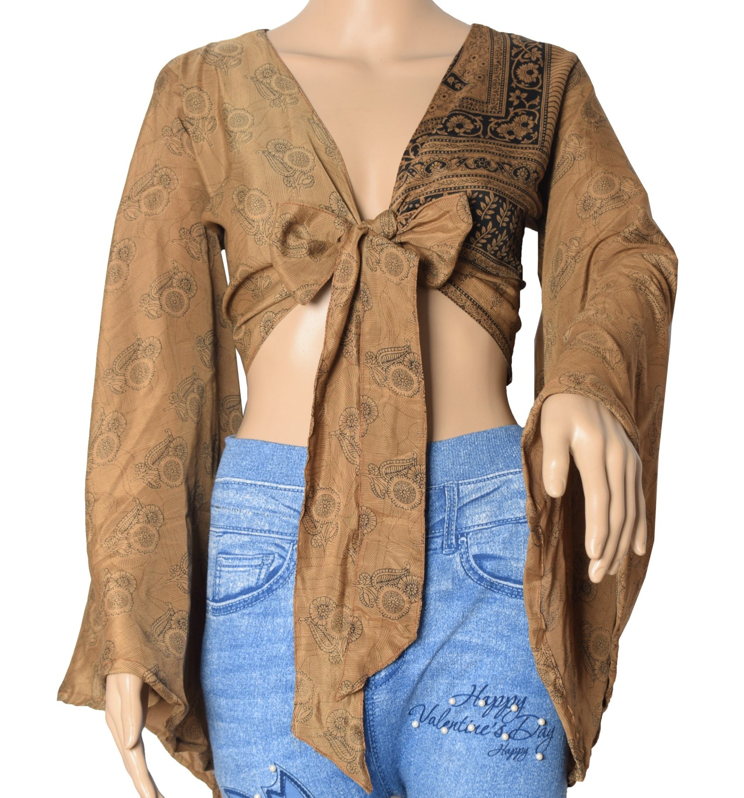 Sushila Vintage Bell Sleeve Bohemian Brown Recycled Silk Saree Top 70,s Retro