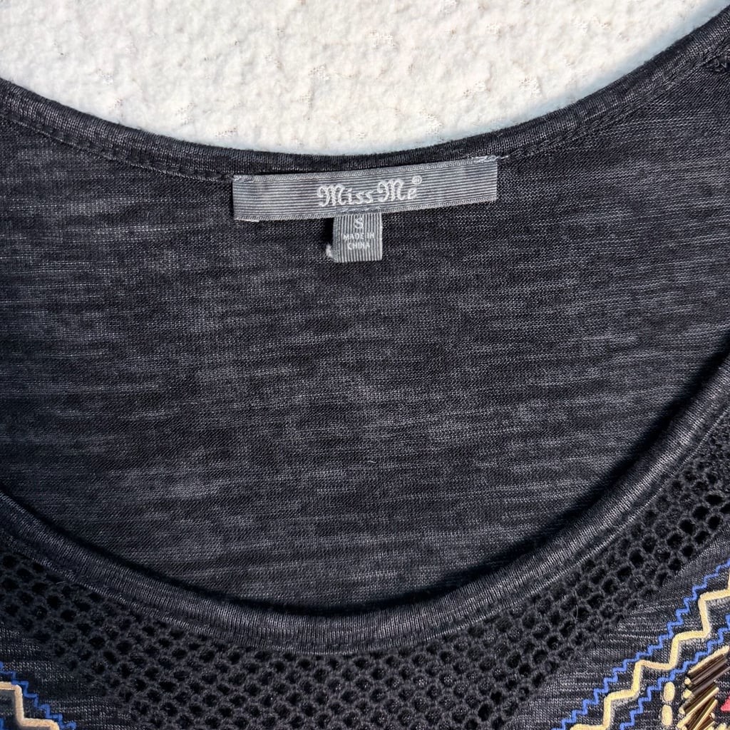 Miss Me Black Heathered Embroidered Beaded Mesh Shoulder Top
