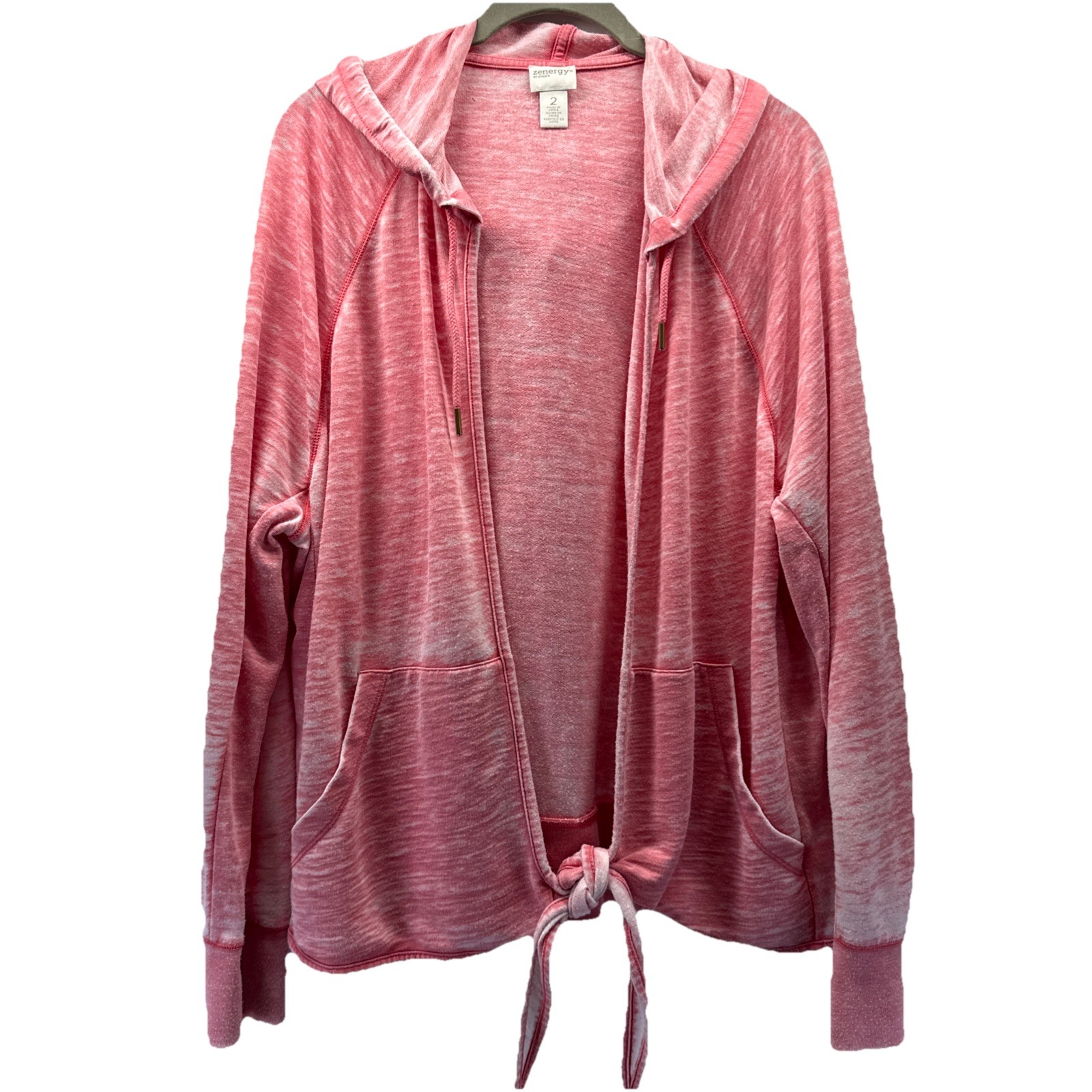 Chicos Zenergy Women’s Jacket Sz Large Pink Long Sleeve Tie Front Hooded Stretch