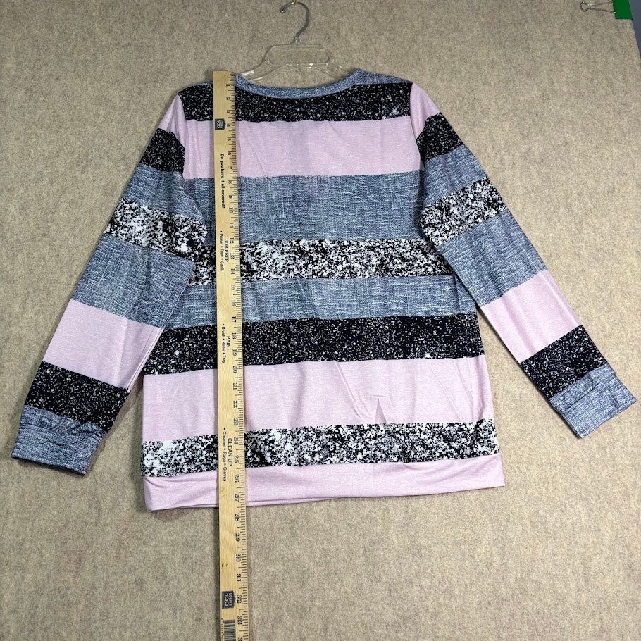 Striped Long Sleeve Quarter Zip Pullover Womens M Pink Grey Polyester Casual Top