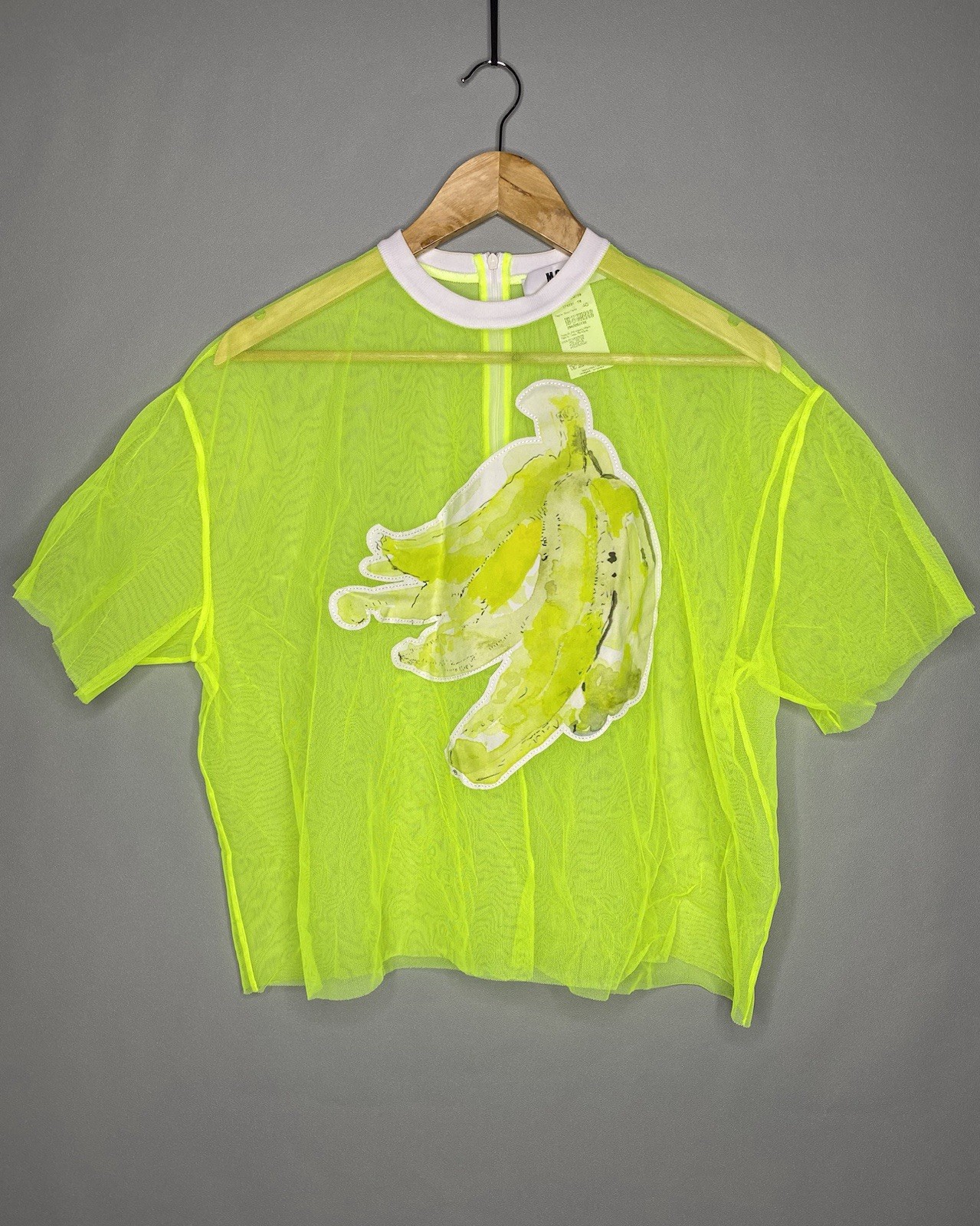 MSGM Mesh Sheer Crewneck Short Sleeve Blouse Banana Print Yellow IT 40 US S (6)