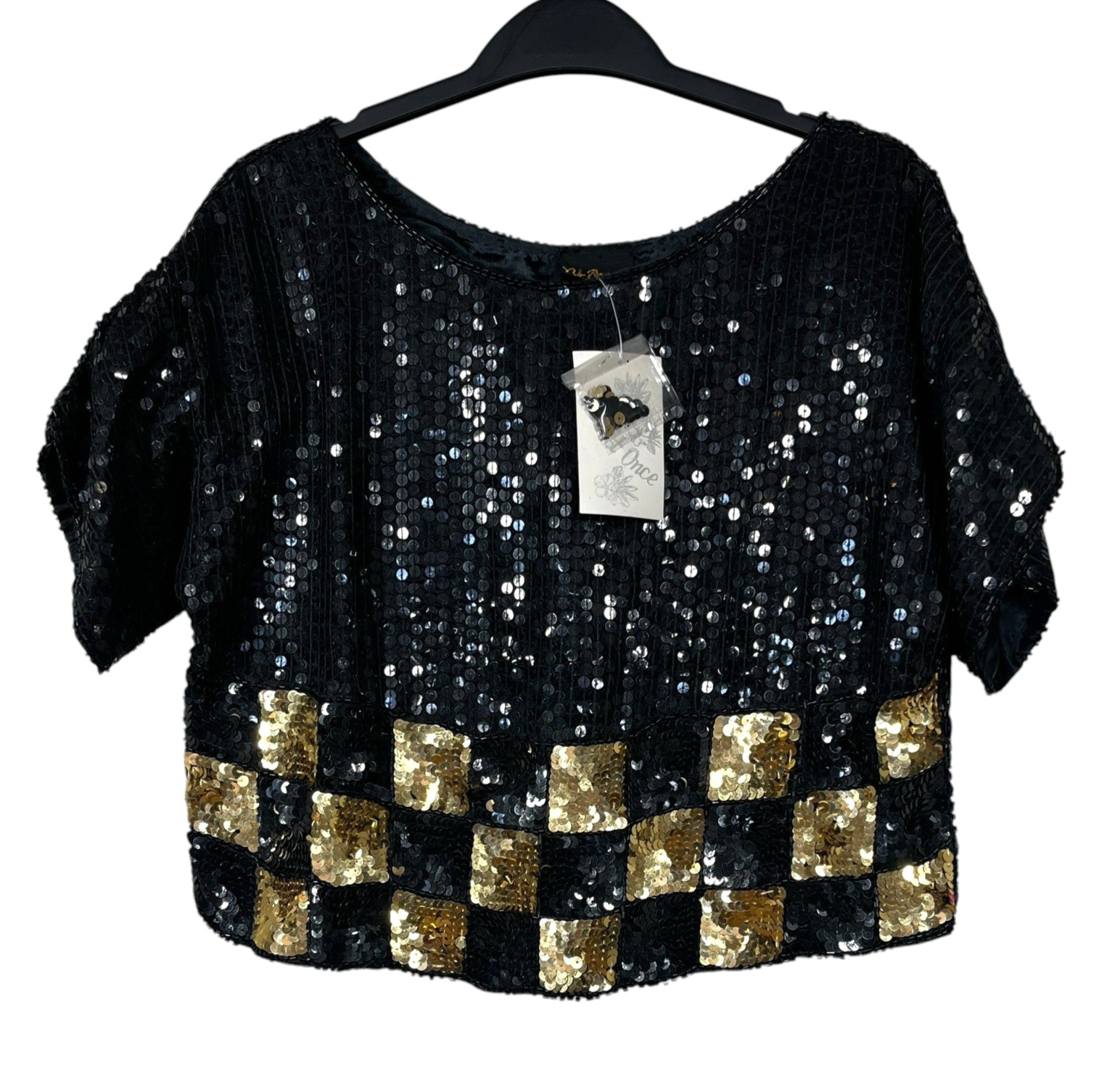 NWT Vintage ’80s At Once Full Sequin Top Womens S 100% Silk Cropped Retro Glam