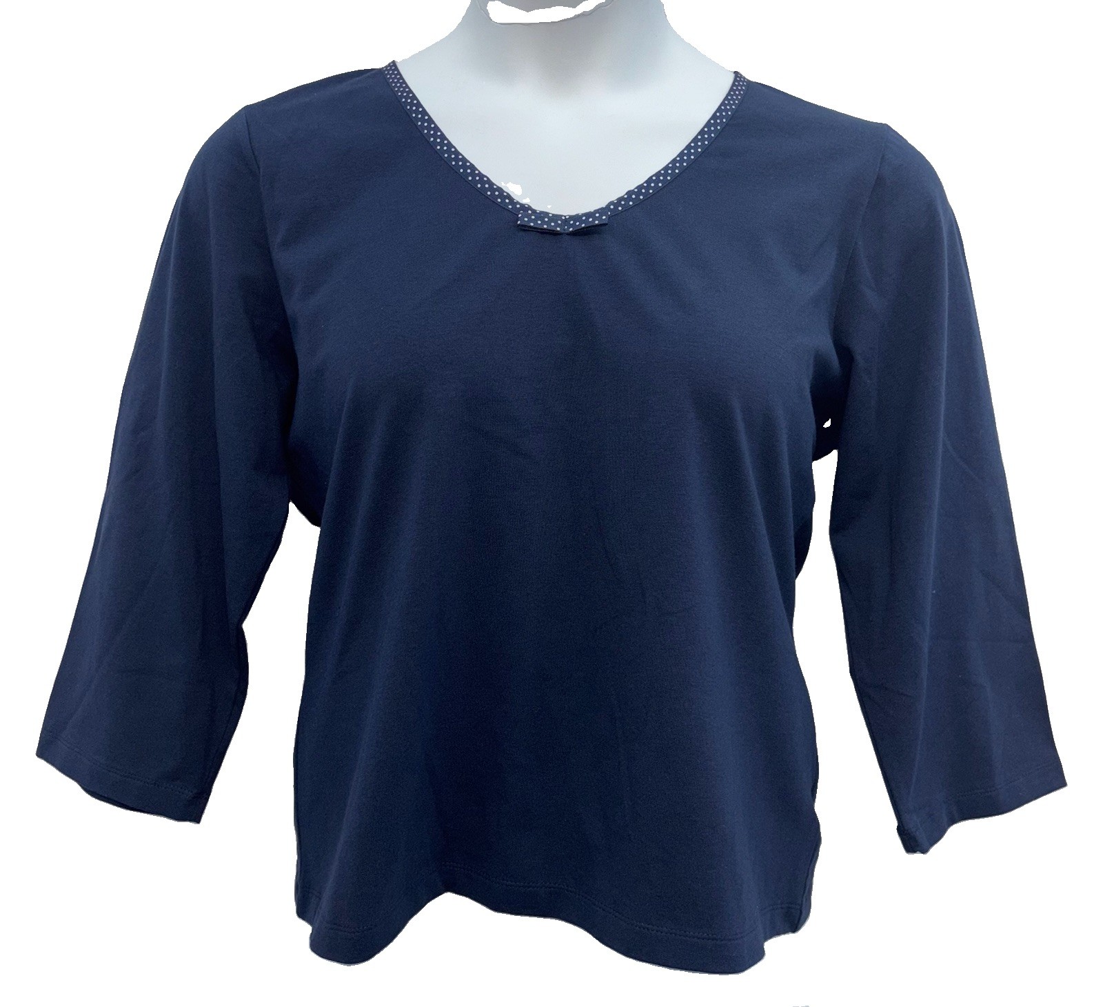 Liz Claiborne Women Size XL Pullover 3/4 Sleeve Polka Dot V-Neck Top Navy w/Bow