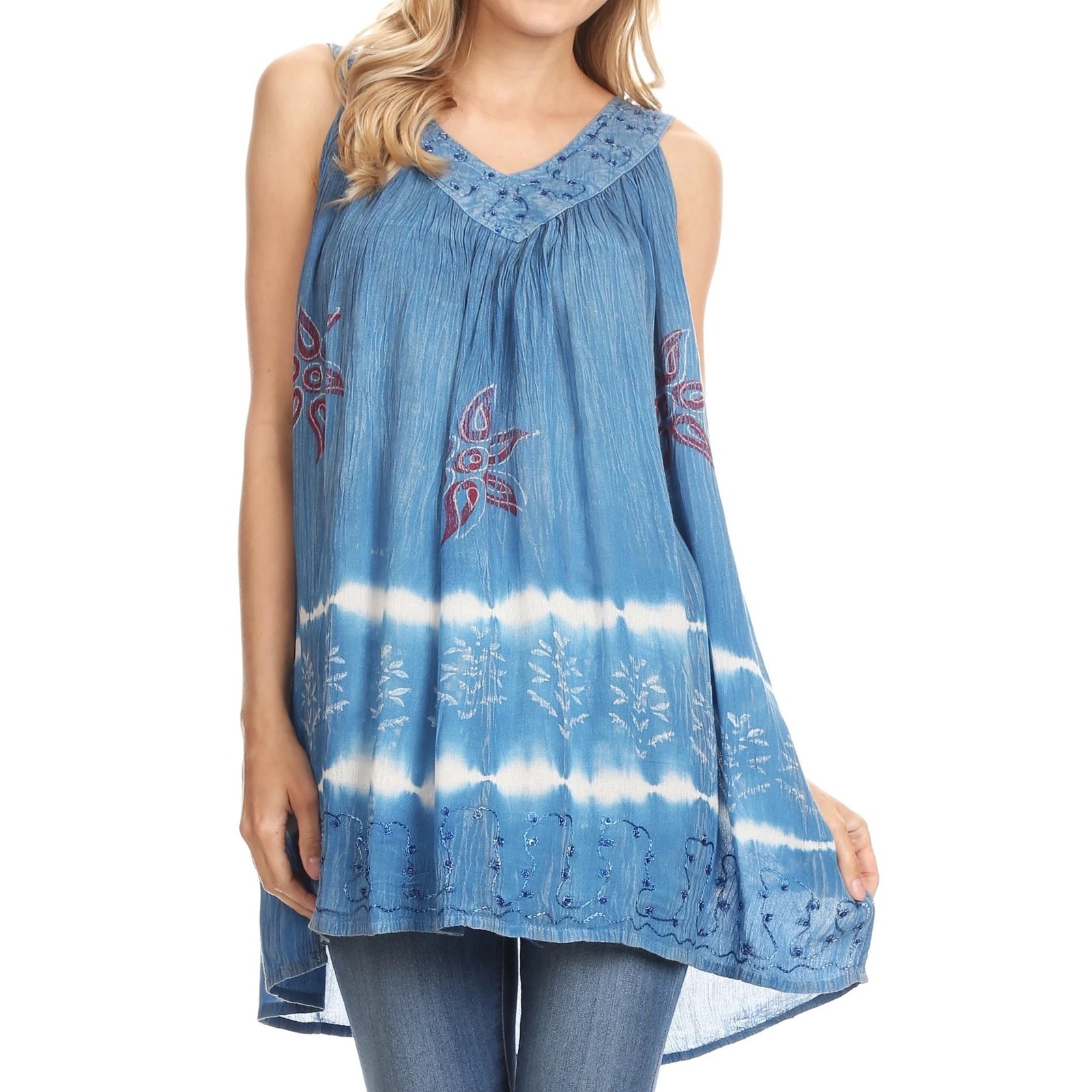 Sakkas Ruth Free Size Sequin Embroidered Batik blue Sleeveless fairy coastal