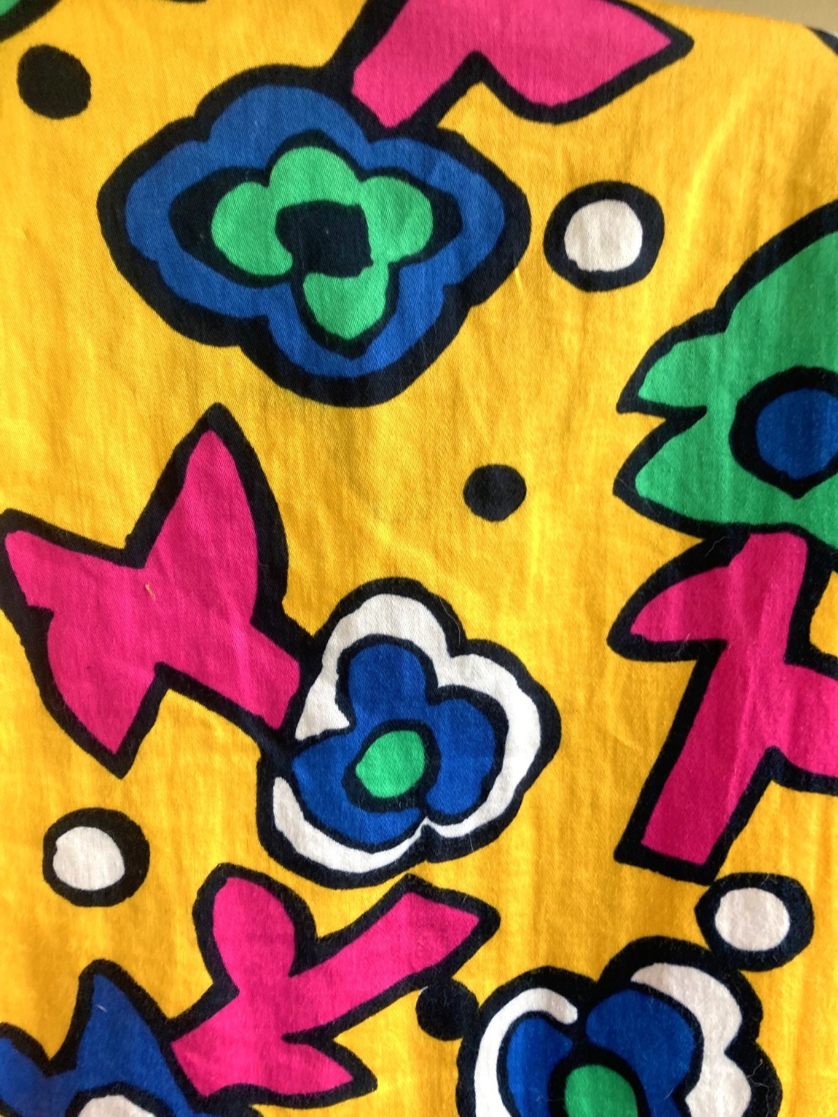 Escada Vintage 80s Shirt 38 M Yellow SS Cotton Button Up Haring Inspired Art Hoe