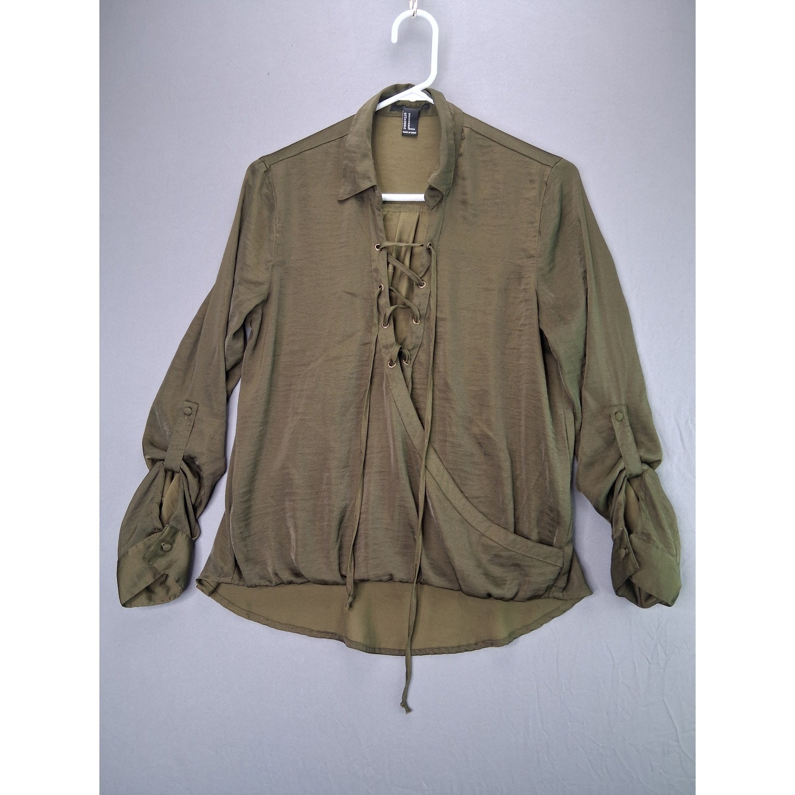 Forever 21 Blouse Lace Up Front Size M Olive Green Roll Tab Sleeve Satin Top