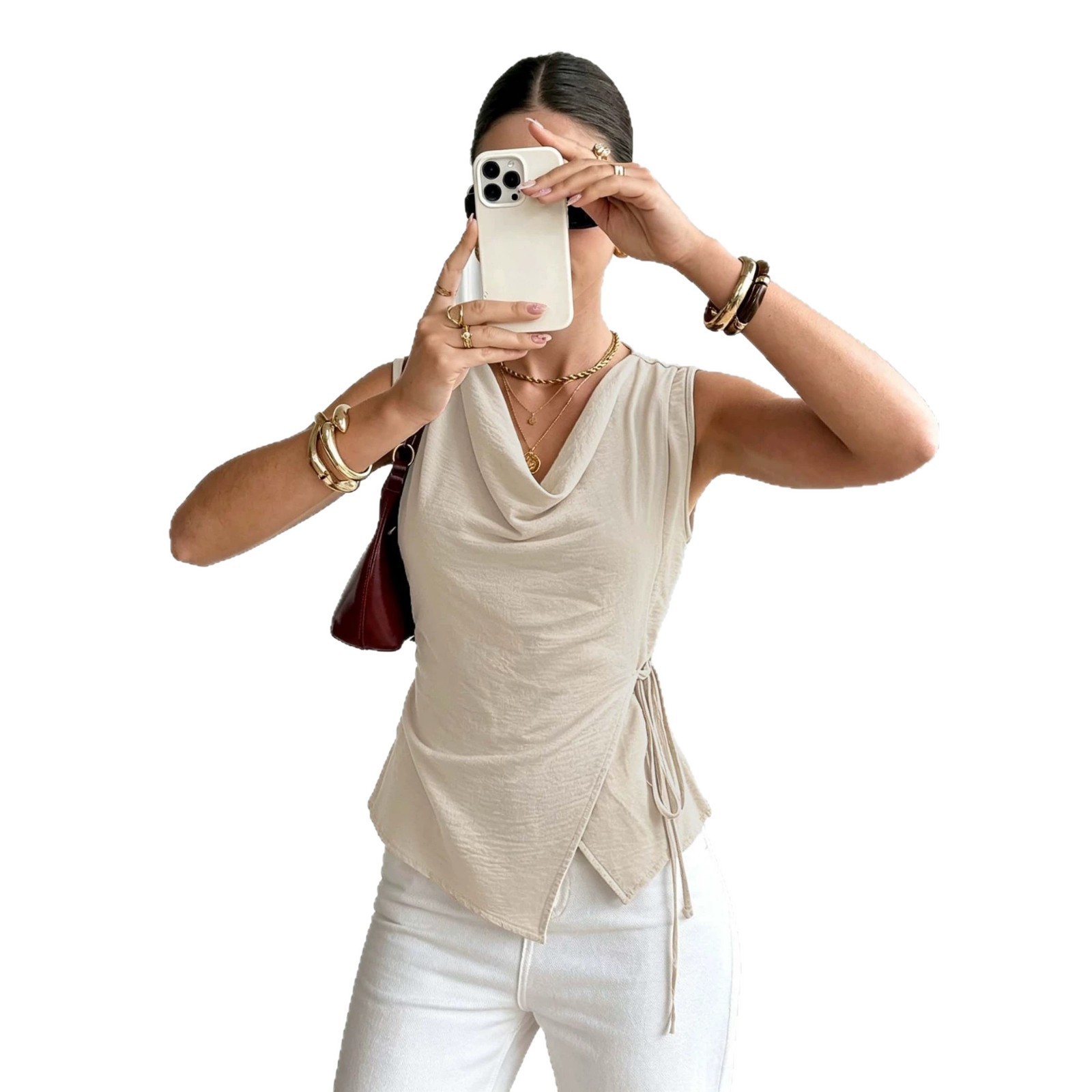 Women Khaki Sleeveless Cowl Neck Ruched Tank Top Casual Shirt S M L XL