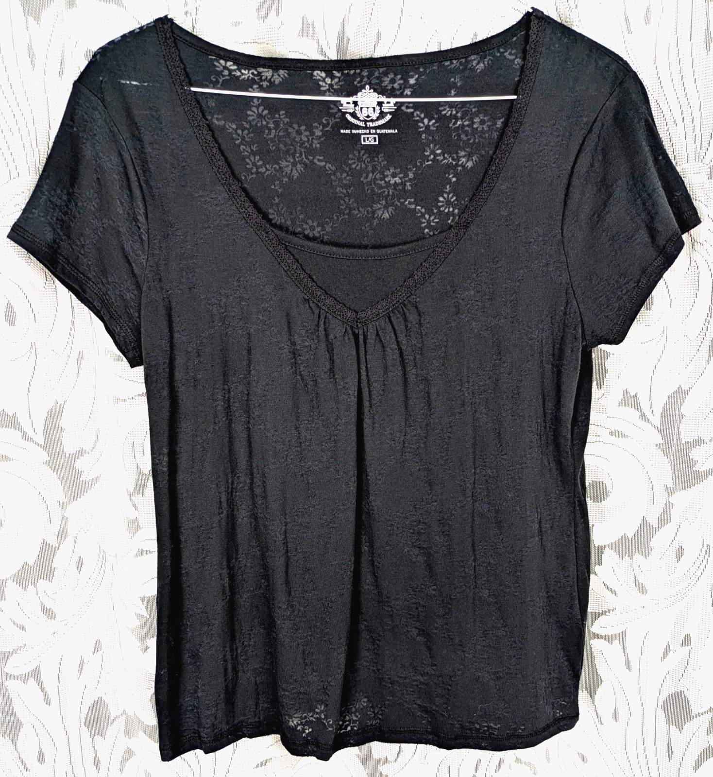L ROUTE 66 BLACK COTTON BLEND STRETCH RIB KNIT BURN OUT TOP TEE T-SHIRT