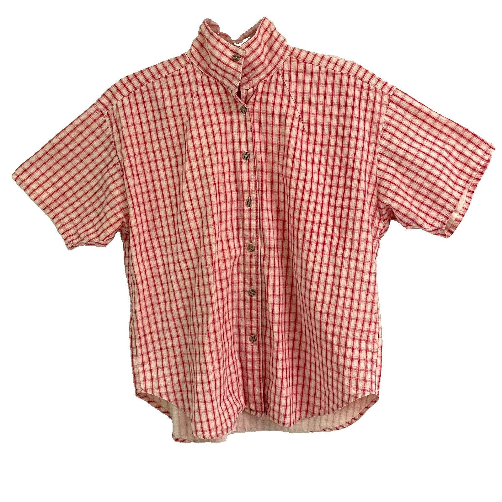 Vintage 90s Plaid Shirt Women’s S High Neck Gingham Pink & Cream Preppy USA