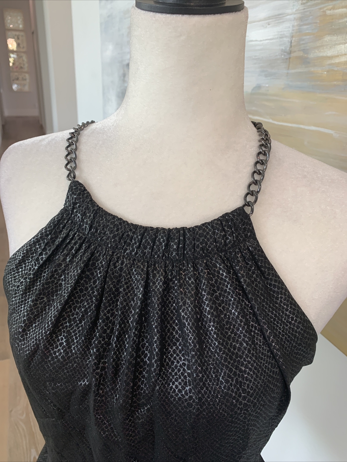 Cache blouse tank lined chain strap sz sm shimmer python print black