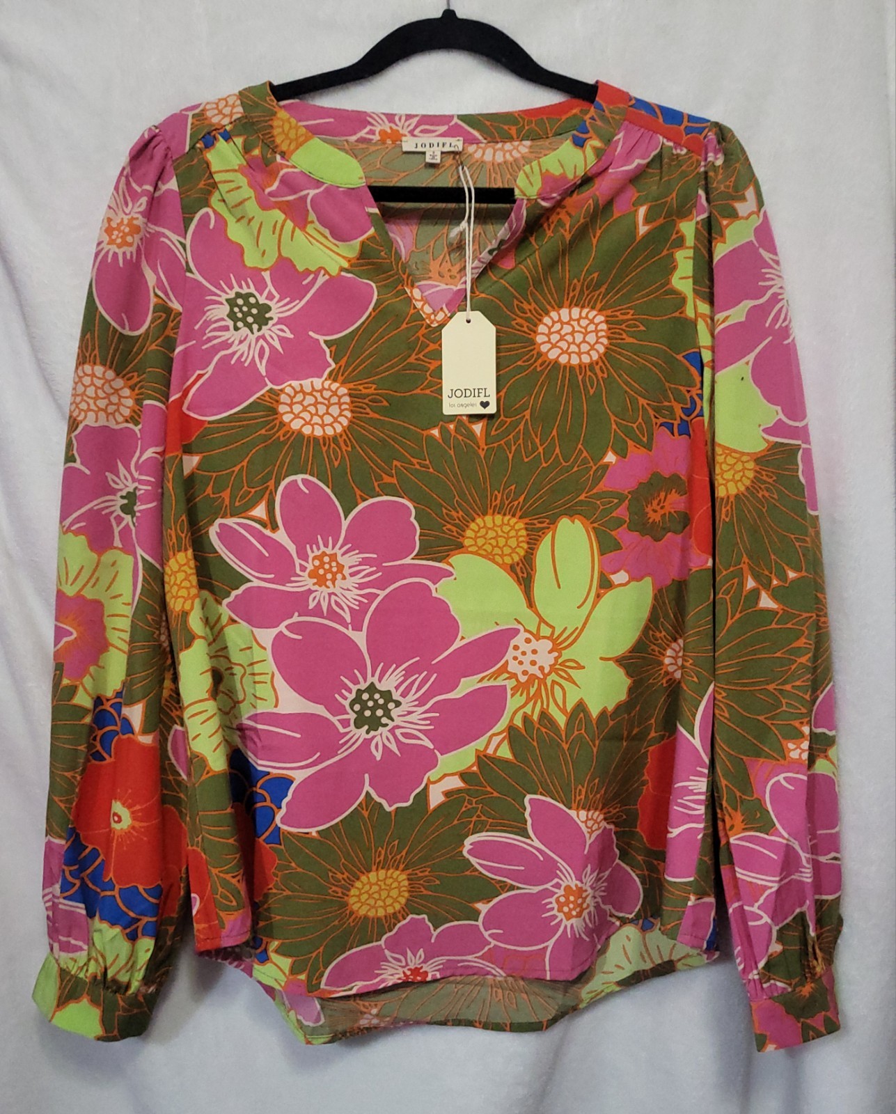 Jodifl Womens Floral Long Sleeve Split V-Neck Blouse Pink Purple Green Size S