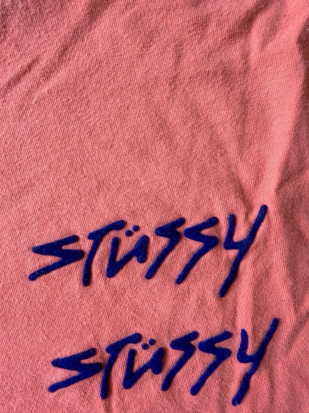 Stüssy Coral Long-Sleeve Shirt with Stacked velvet textured Logo Graphics