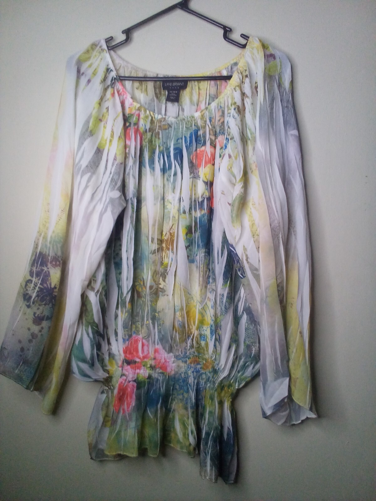 Lane Bryant Blouse Shirt 14 16 Long Sleeve Sheer Elastic Waist Floral Colorful