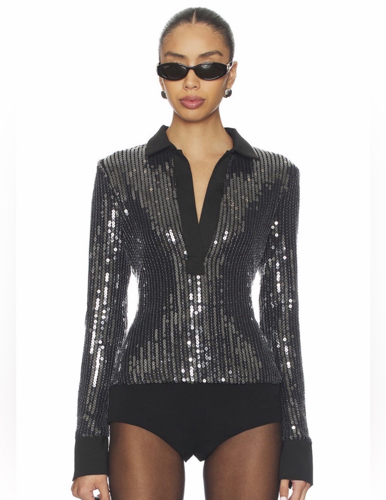 Superdown Revolve Geraldine Black Sequined Long Sleeve Collar V-Neck Top XS NWT