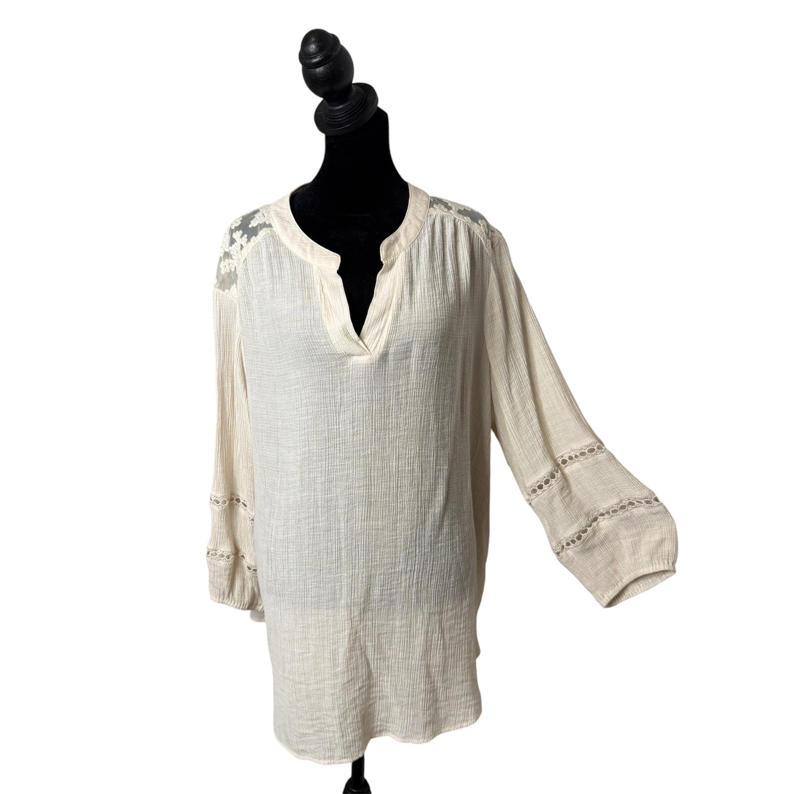 BOHO Cottagecore Lace Crochet Crinkle Gauze Peasant Tunic Top Womens 1X Ethereal