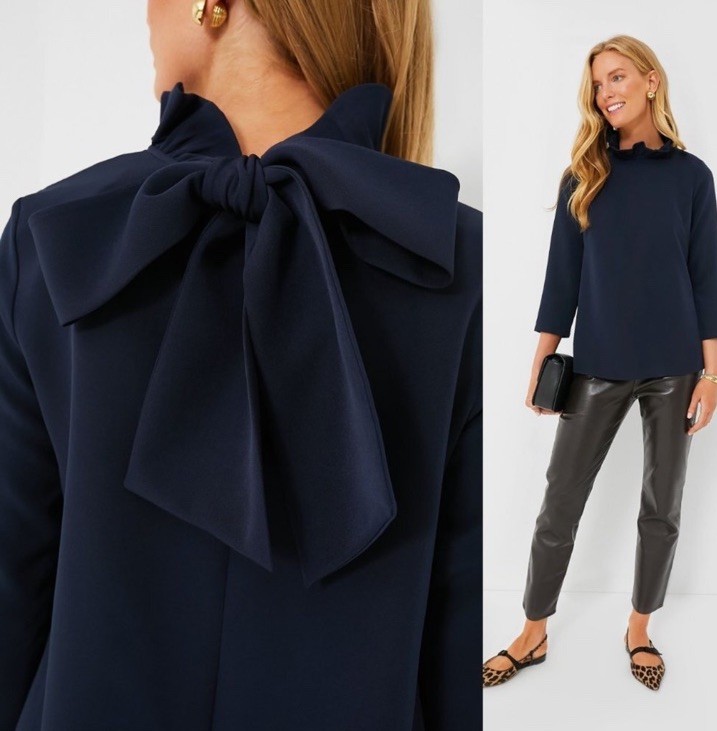 TUCKERNUCK Navy Faye Blouse Sz M Ruffle Stand Collar Swing Style Bow Tie Preppy