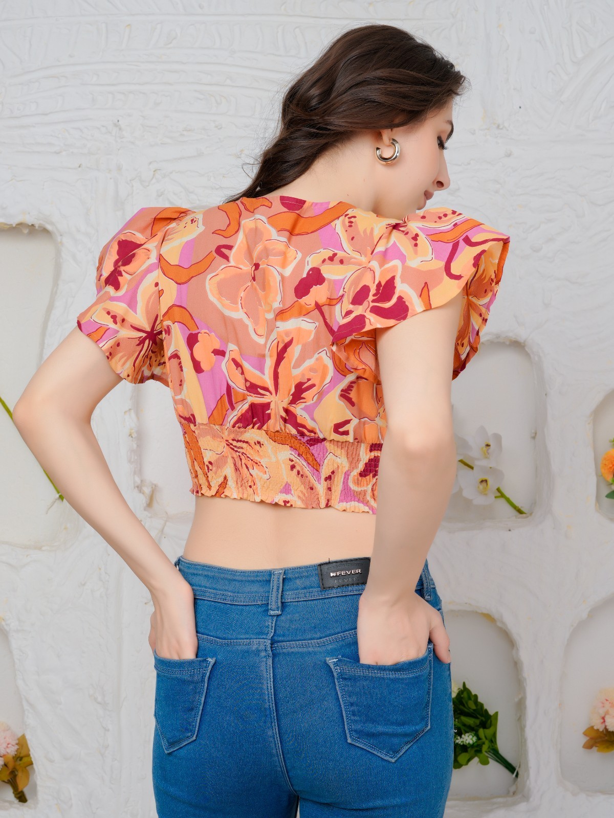 Womens Smocked Pure Cotton Top Pink Multicolor Floral Print Ruffle Sleeve Blouse