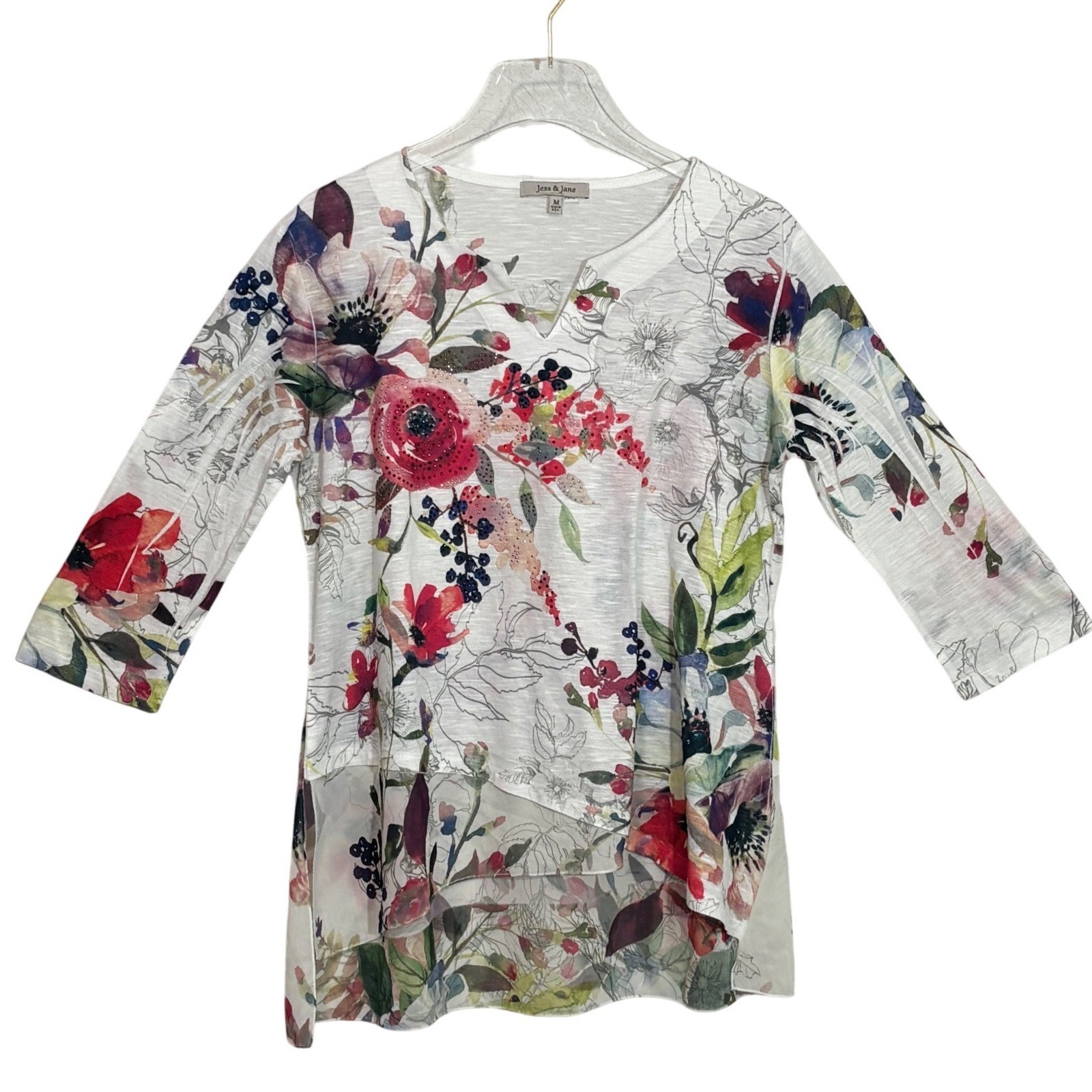 Jess & Jane Floral Tunic Size Medium White Multi Rhinestone Layered EUC