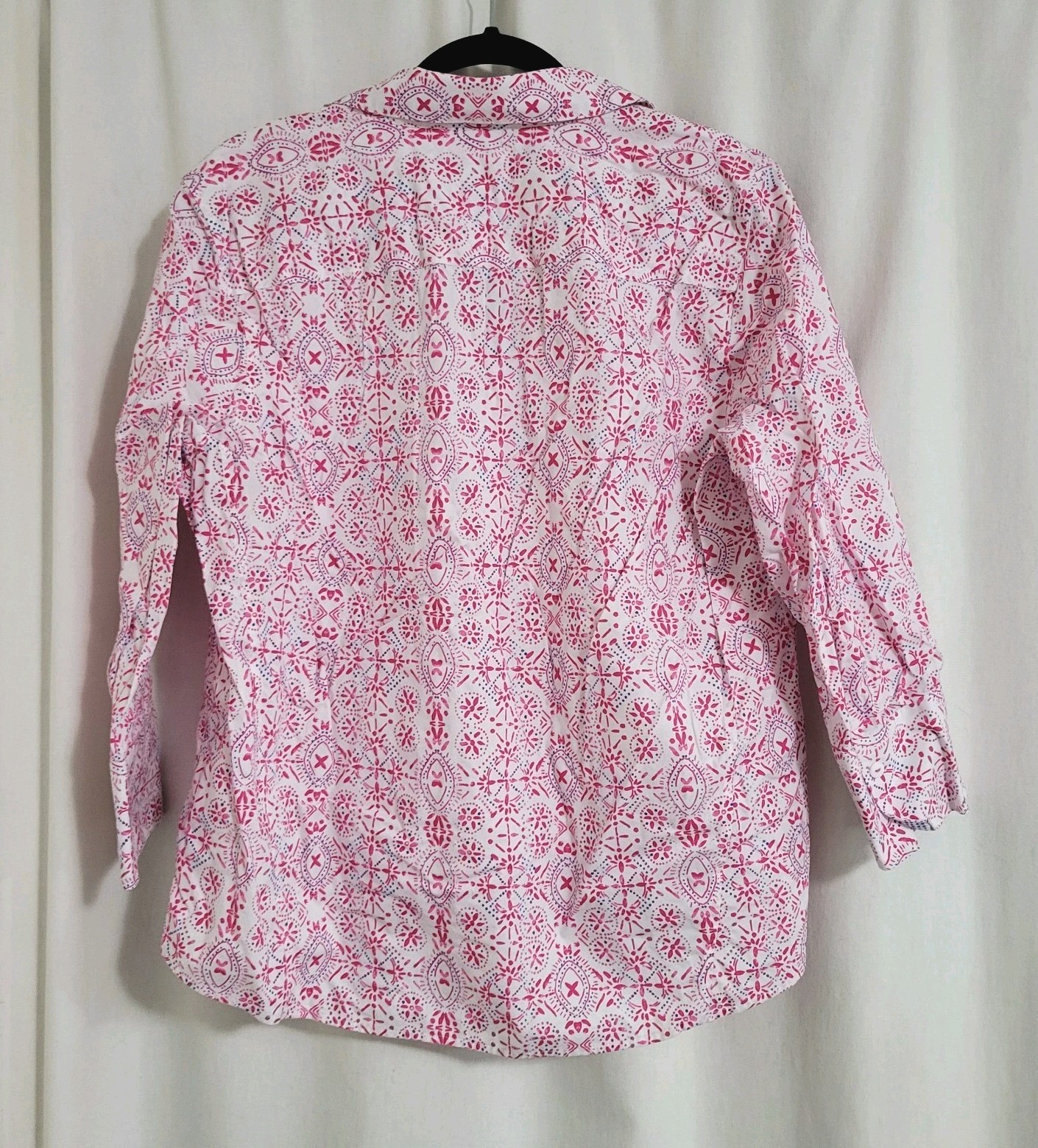 Foxcroft Button Up Top Size Lg Easy Care Boho Geometric Florals 3/4 Sleeve