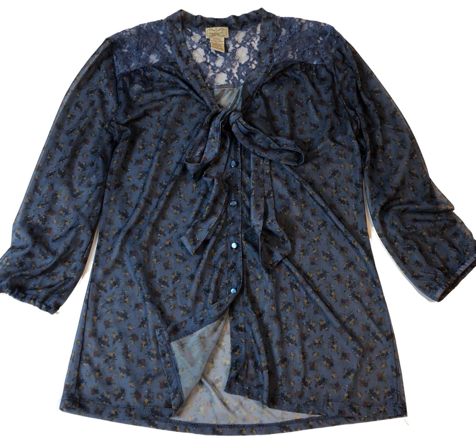 Eyelash Couture Blue Floral Button Blouse Sz M Bow Neck Lace Accent Semi-Sheer