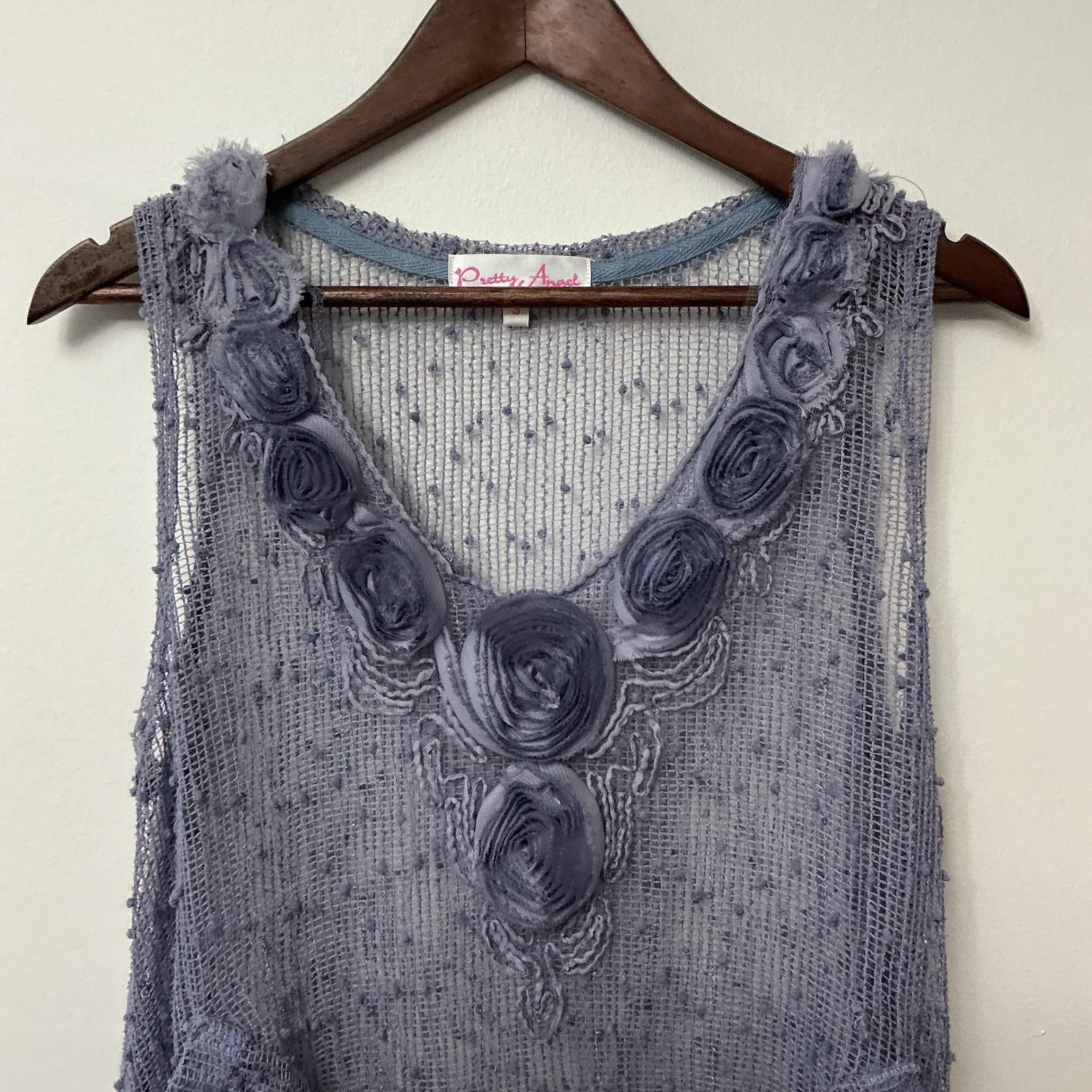 Pretty Angel Women’s Sheer Knit Sleeveless Top with Floral Applique, Size Small,