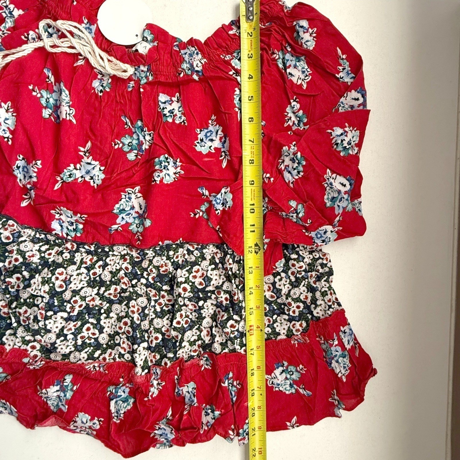 Hayden Los Angeles Red Floral Off Shoulder Tiered Top Large Boho Bell Sleeve L
