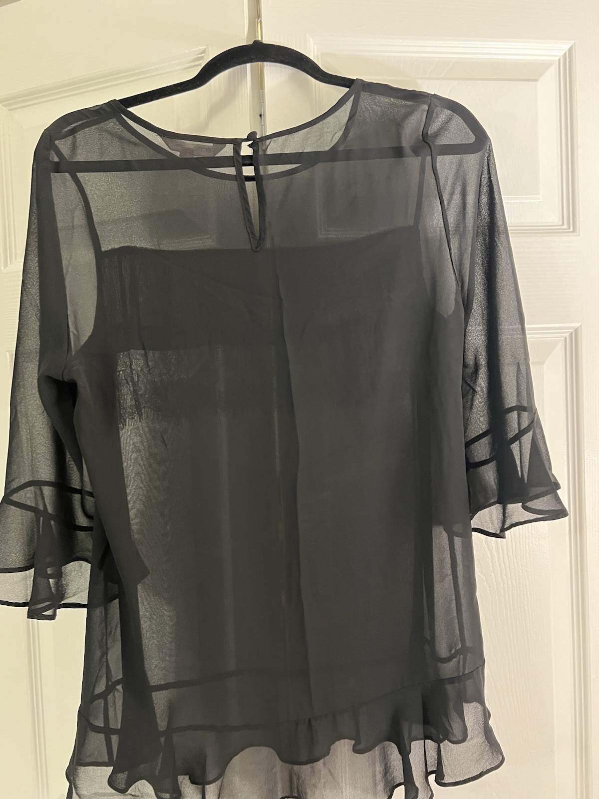 BCBGeneration Women’s Black Solid Sheer Round Neck Chiffon Ruffle Tie Blouse M