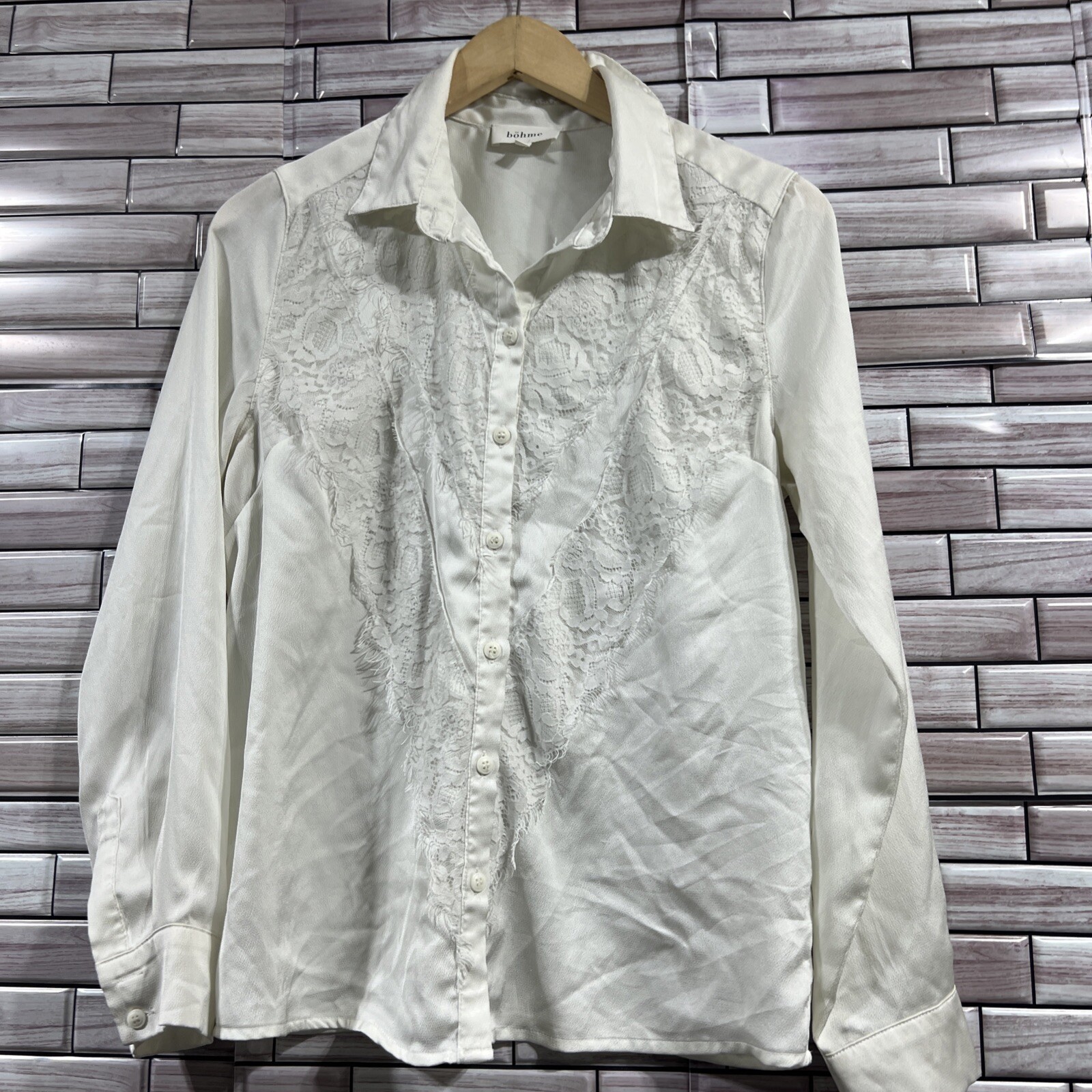 Bohme womens S western white shirt boho lace fringe button silky long sleeve