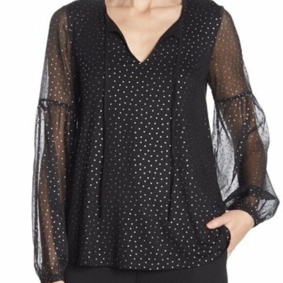 Boden Hazel Metallic Foil Dot Blouse Women’s Size 12 Sheer Lantern Sleeves Knit