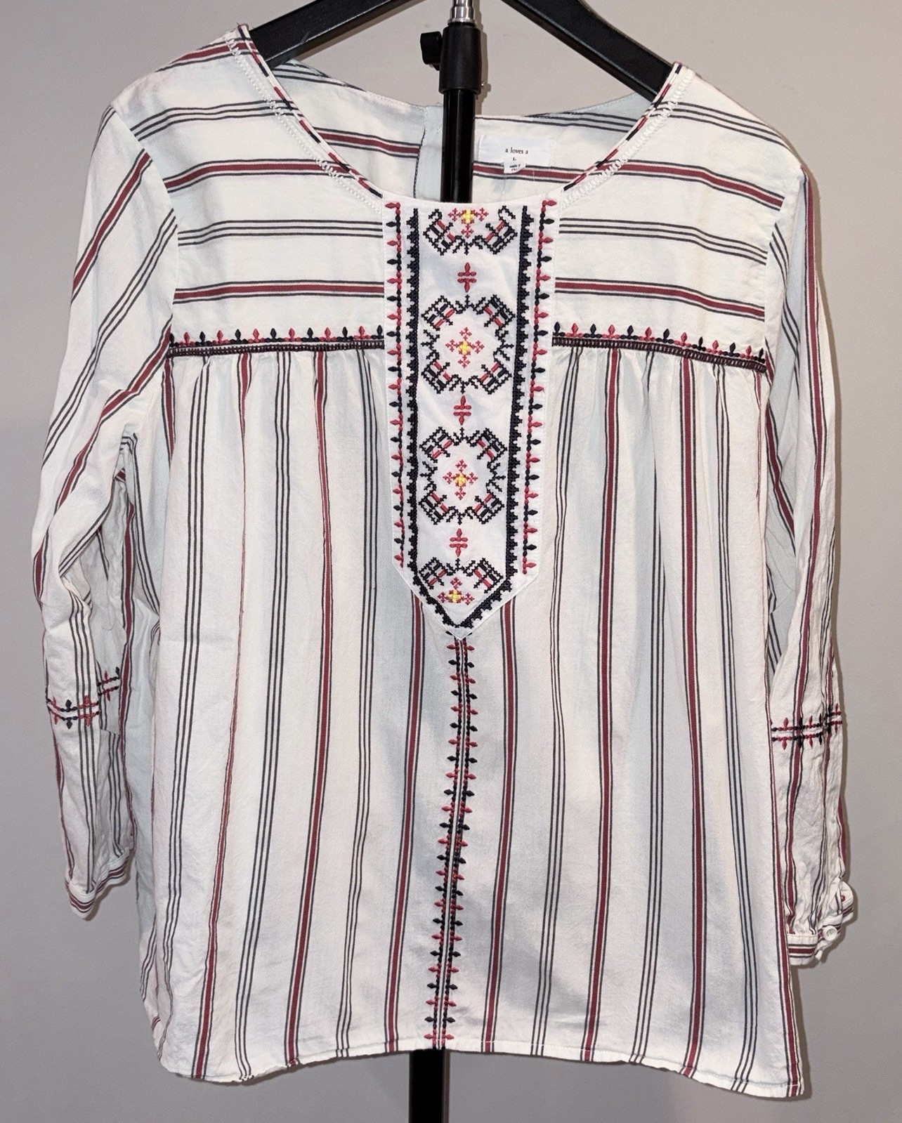 a loves a Striped Embroidered Tunic Blouse L 3/4 Sleeve Button Front