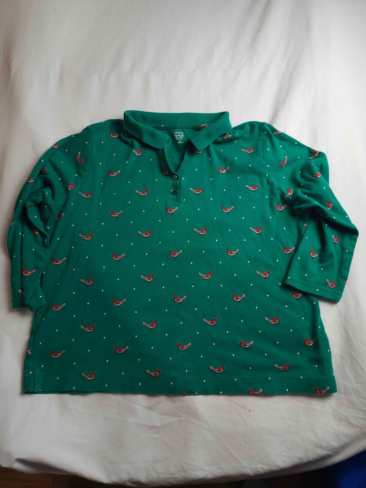 Kim Rogers Perfectly Soft Polo Shirt Womens XL Green Cardinal Bird Polka Dot